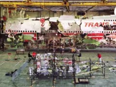 Reconstructed wreckage of TWA Flight 800, a Boeing 747 en route to Paris and Rome