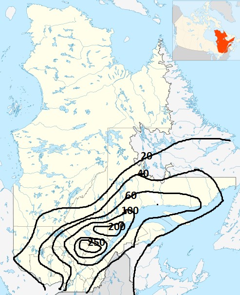 Map of rain accumulations from July 18 to 21, 1996, over Quebec province (Canada) during the Saguenay Flood.